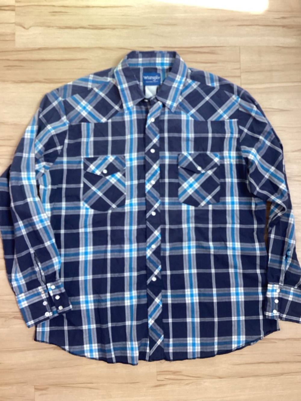 Y2K Wrangler Navy & Light Blue Plaid Pearl Snap Shirt XL‎ Western Cowboy Rodeo - Picture 3 of 8